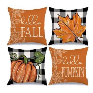 Catzon 4 Pcs Pillow Covers with Buffalo Plaid Pumpkin Pattern for Autumn Decor