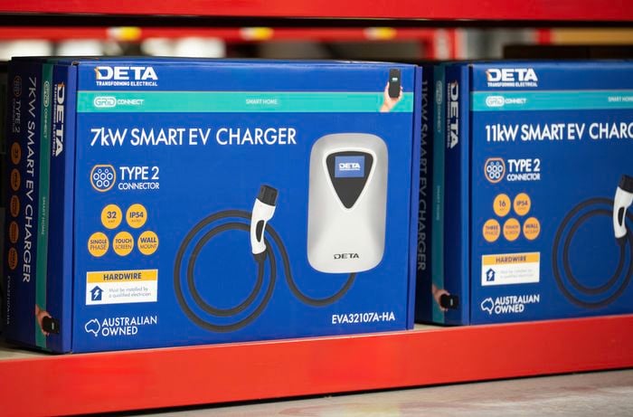 A DETA 7kW Smart EV Charger featuring a Type 2 connector, single-phase support, IP54 rating, wall mount, touchscreen, and Australian ownership.