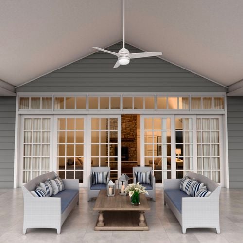 Fresh White Seawave WeatherMax outdoor ceiling fan hanging in an alfresco entertaining area