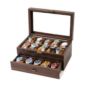 Catzon Watch Box Organizer Retro Wood Grain Watch Display Case With Glass Top-20slot2layer