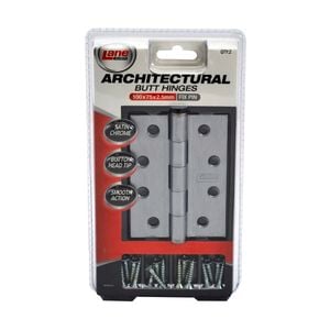 Lane Security 100mm Satin Chrome Architectural Fixed Pin Butt Hinge - 2 Pack