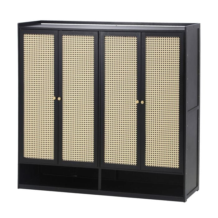 Oikiture Shoe Storage Cabinet Shoes Rack 4 Doors Rattan Black
