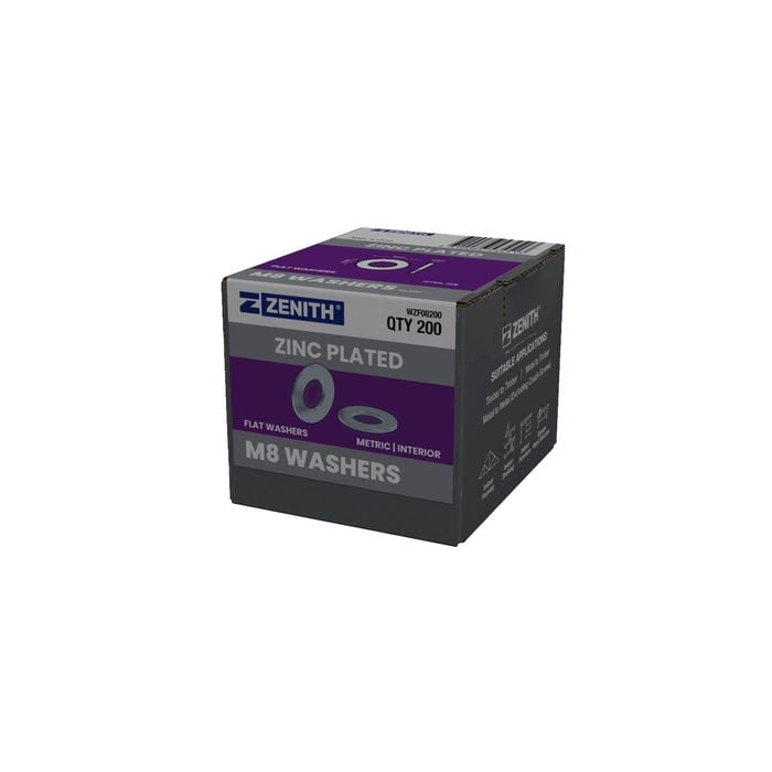 ZENITH M8 Zinc Plated Flat Round Washers - 200 Pack