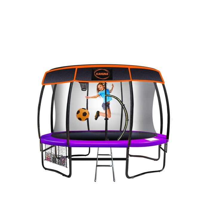 Kahuna Trampoline 14 Ft With Basketball Set And Roof - Purple