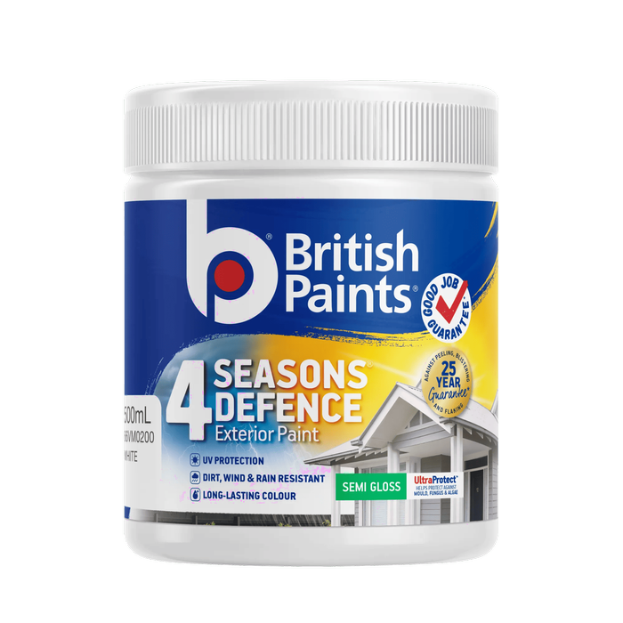 British Paints 4 Seasons Defence 500ml White Semi Gloss Exterior Paint