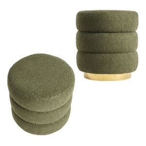 La Bella 2 Set Round Stacked Ottoman Stool 38cm Green Teddy Fleece Fabric Foot Rest