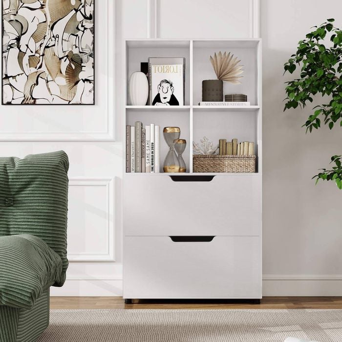 Costway 4 Cube 130cm 5tier Bookcase 2 Drawer Open Display Rack White