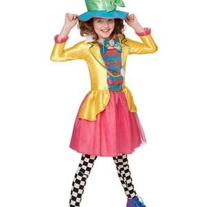 Disney Alice in Wonderland Mad Hatter Girls Halloween Costume – Satin Dress, Collar & Hat, Multi Colour, 9-10 Years