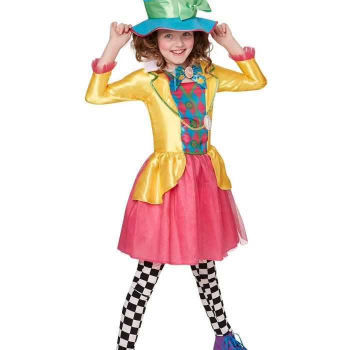Disney Alice in Wonderland Mad Hatter Girls Halloween Costume – Satin Dress, Collar & Hat, Multi Colour, 9-10 Years