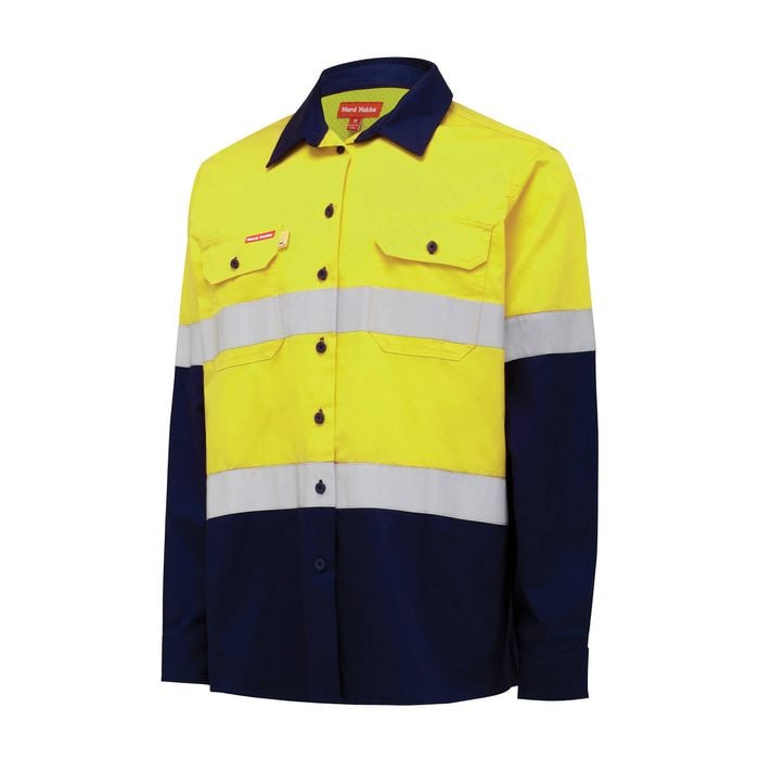 Hard Yakka Women's Yellow/Navy Hi Vis Taped Long Sleeve Shirt - Size 8