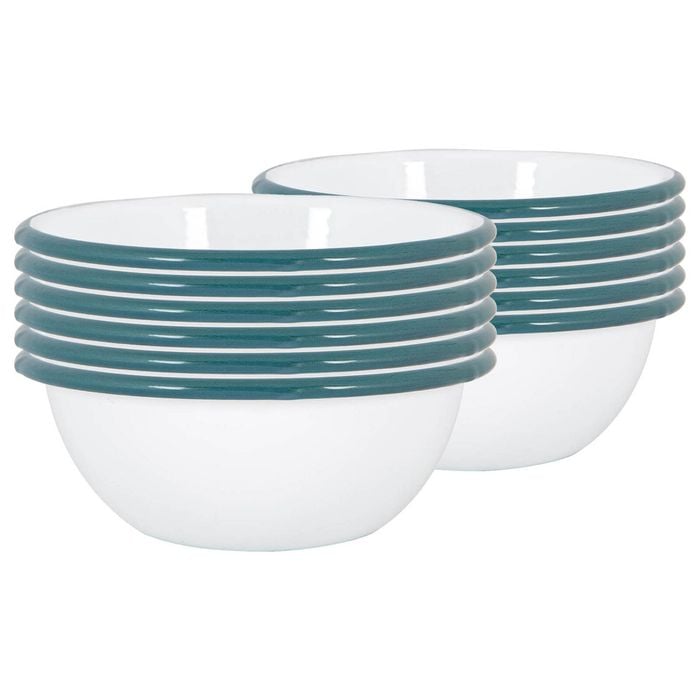 Argon Tableware 16cm Coloured Enamel Bowls - Set Of 12 - Green Lightweight Metal Camping Serving Bowls For Snacks, Pasta, Salad