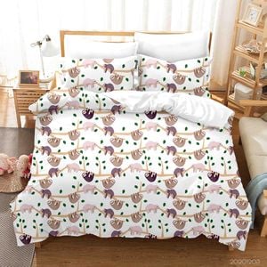 3D Cartoon Hand Drawn Cute Sloth Plant Illustration Animal Quilt Cover Set LXL