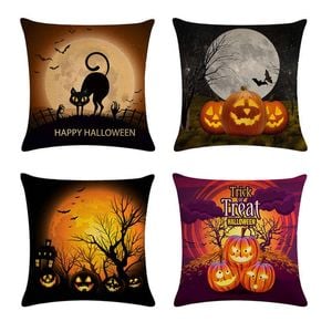 Catzon 4 Pcs Halloween Throw Pillow Covers Square Linen Pillowcase for Couch