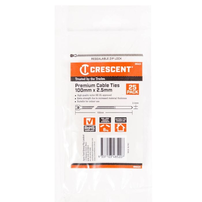 Crescent 100 x 2.5mm White Cable Ties - 25 Pack