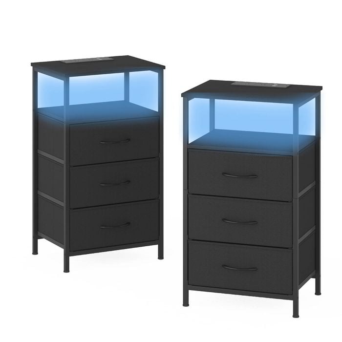 Advwin LED Bedside Table Set of 2 with Charging Station 3 Fabric Drawers Nightstand Black Drawer & Black Top