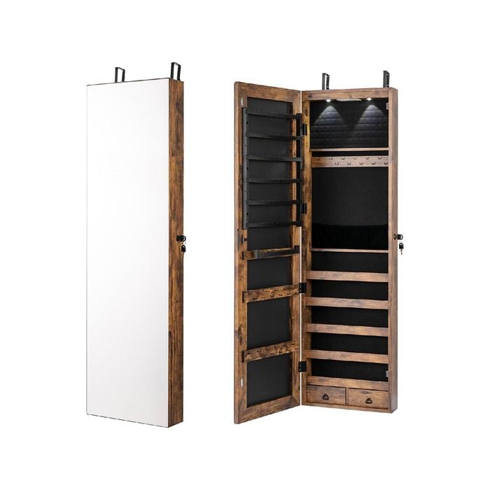 Costway Mirror Jewellery Cabinet Makeup Jewelry Stroage Organiser W/led Full Length Rustic Brown