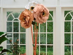 Three giant paper flowers in peach and white colours, surrounded by potted plants in a sunlit room with large windows.
