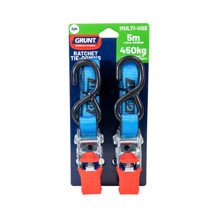 GRUNT Ratchet Tie Down 25mm X 5m 450KG Pack of 2