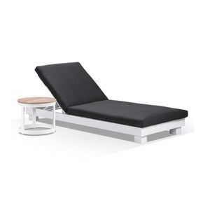 Santorini Aluminium Sun Lounge White With Round Side Table & Denim Grey Cushions