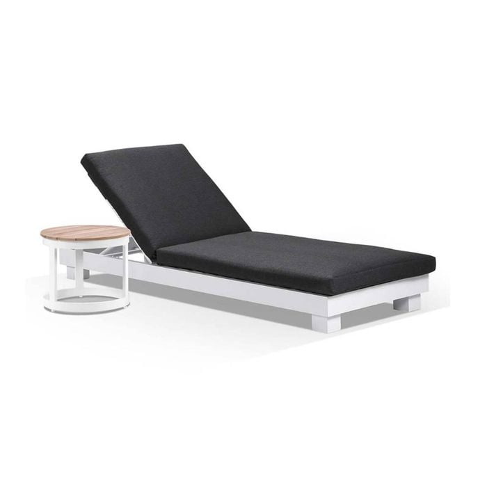 Santorini Aluminium Sun Lounge White With Round Side Table & Denim Grey Cushions