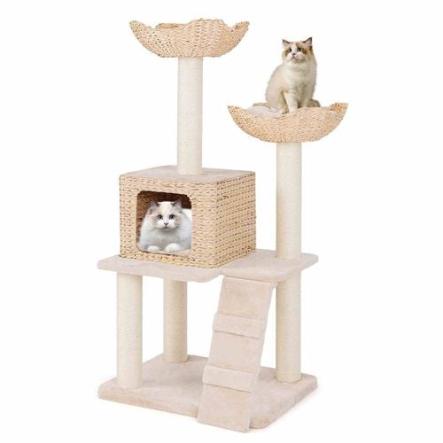 Costway 122CM Wooden Cat Scratching Post w Dangling Balls Hand Made Basket Bed Beige Bunnings Australia