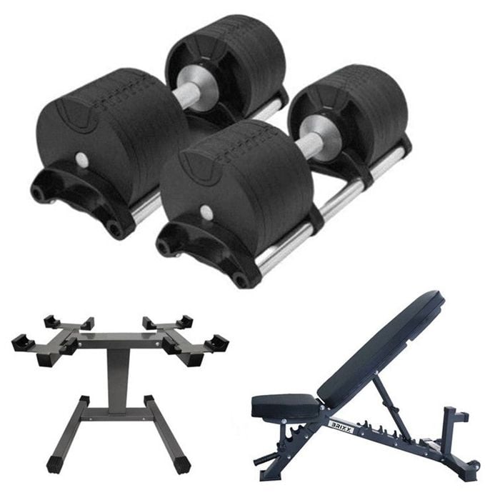 Brixx 32kg Adjustable Dumbbell Sets, Rack And Adjustable Bench Package