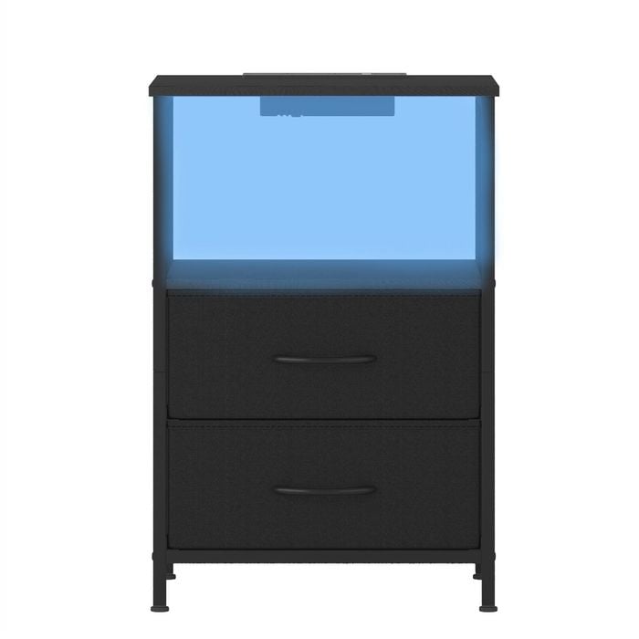 Ufurniture Nightstand with LED Light and Charging Station Industrial End Table 2 Fabric Drawers and Open Shelf Black