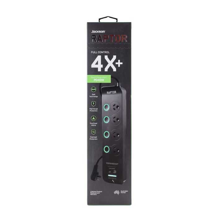 Jackson Raptor 4 Outlet Full Control 45W PD Surge Protected Powerboard