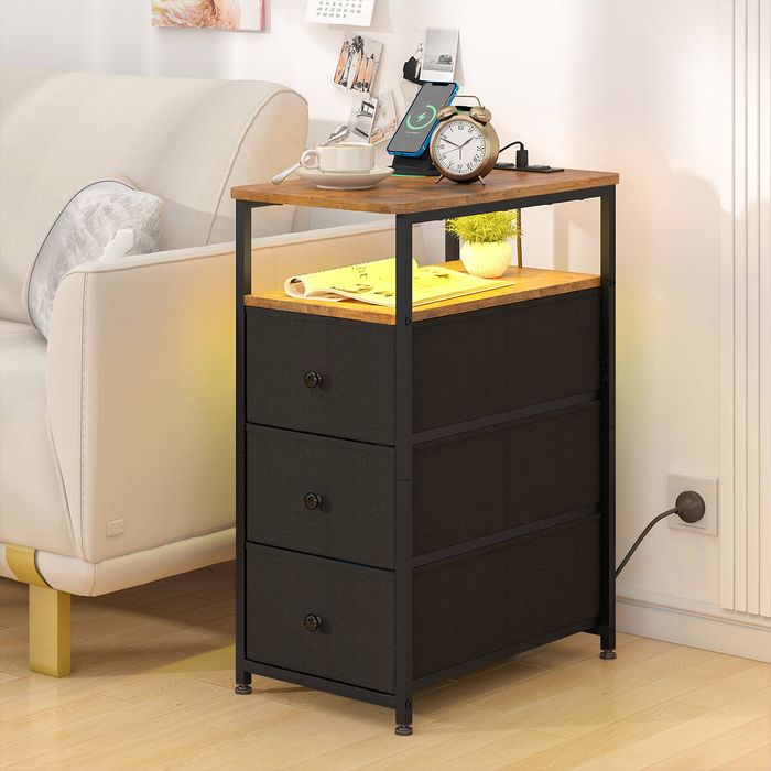 Advwin LED Side Table w/ Charging Station & Drawers Sofa End Table Narrow Bedside Table Walnut & Black