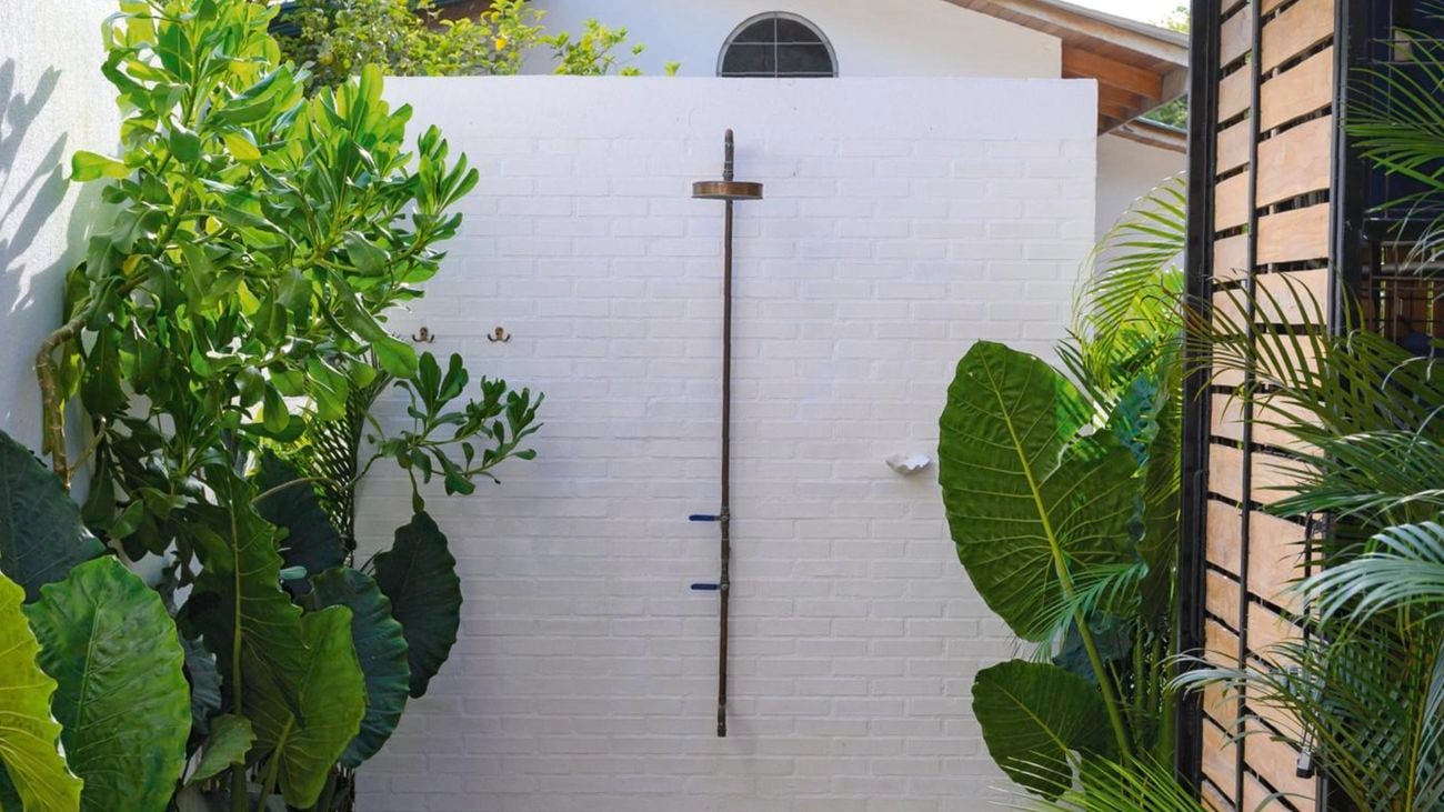 Outdoor shower in retreat area.