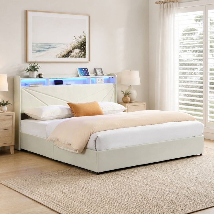 HOMFURN King Size Upholstered Bed with 4 Storage Drawers, USB Socket and Led Lights, Storage Bedhead