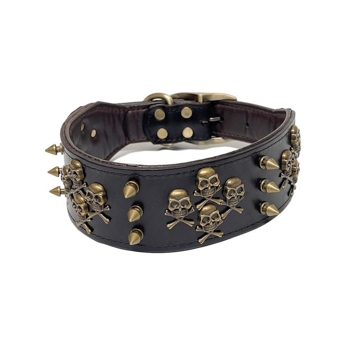 CottonMore Real Leather Pet Dog Collar Retro Style Skull Charm Studded Collar - L