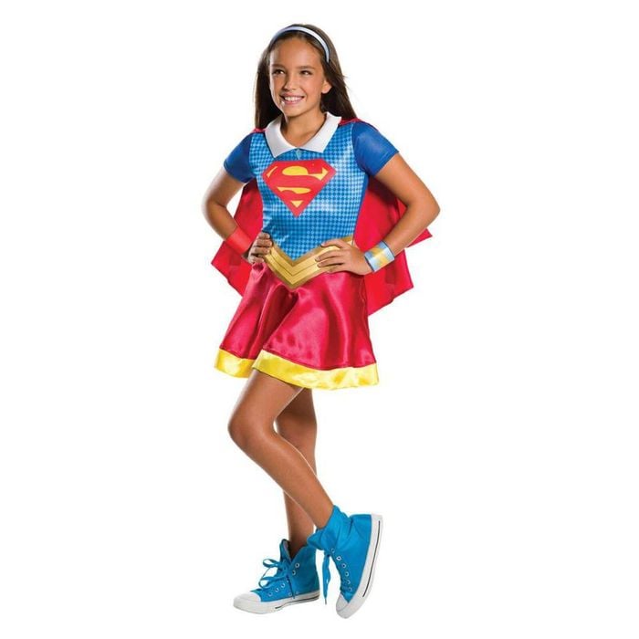 Supergirl Halloween Costume for Kids Dress with Cape Headband Cuffs Superhero, 6-8 YRS
