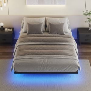 Ufurniture Floating Bed Frame Queen Size with LED Lights, Metal Mattress Base Platform