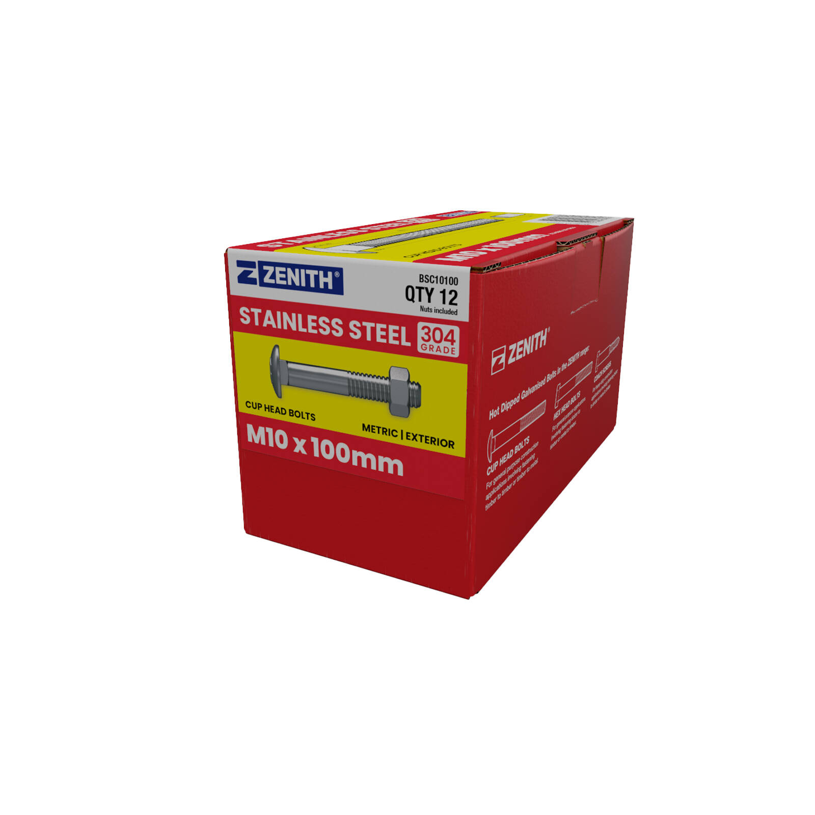 ZENITH M10 x 100mm Stainless Steel 304 Grade Cup Head Bolts And Nuts - 12 Pack product image