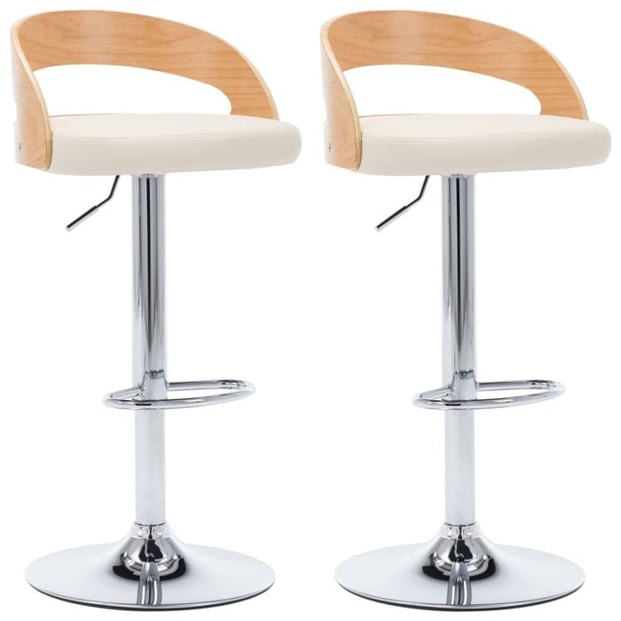 vidaXL 2x Bar Stools Cream Faux Leather and Bentwood Pub Counter Chair Seat