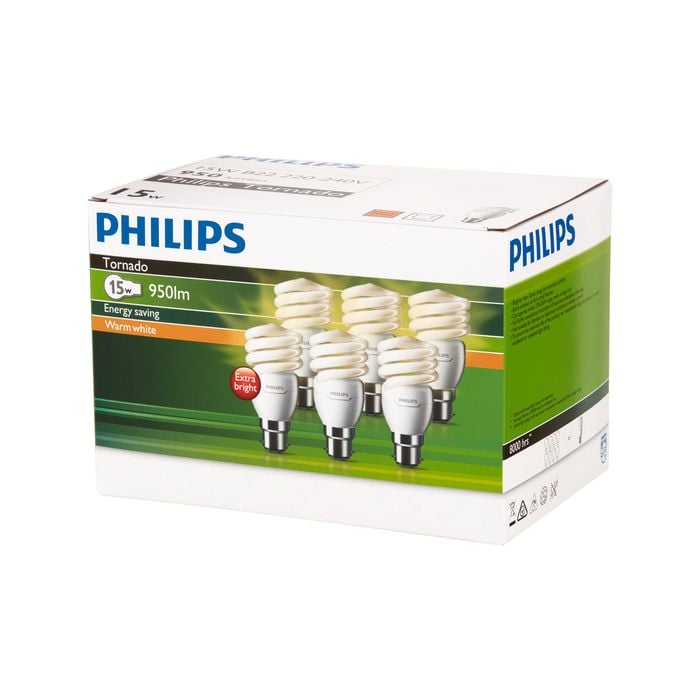 Philips Spiral B22 CFL 950Lm Warm White 15W Globe - 6 Pack