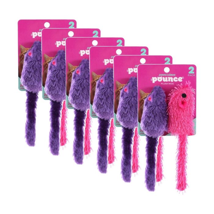 6x 2pc Paws And Claws Plush Mice Pet Cat Batting/Pouncing Toy Set Assorted