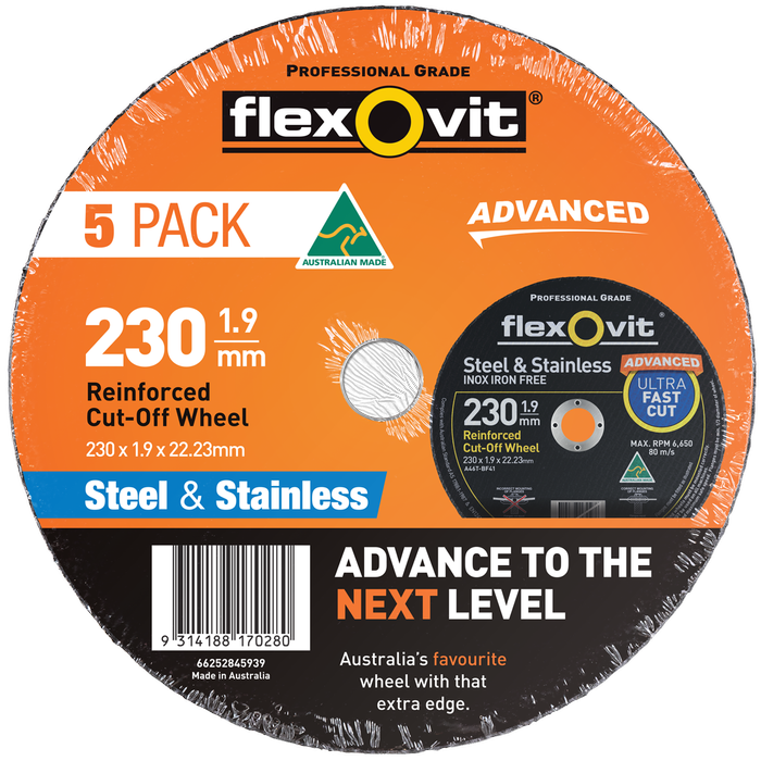Flexovit 230 x 1.9 x 22.23mm Black Metal Cut Off Wheel - 5 Pack