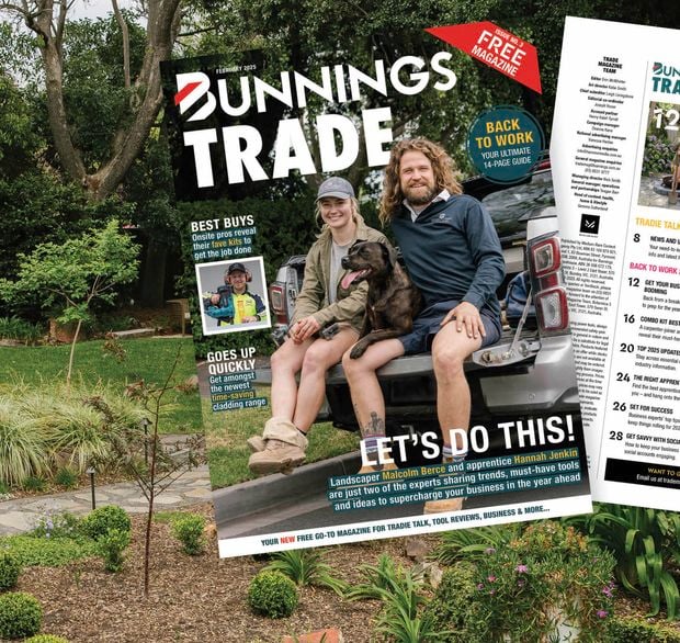 Outdoor landscape with pathway and green shrubs and magazine overlay.