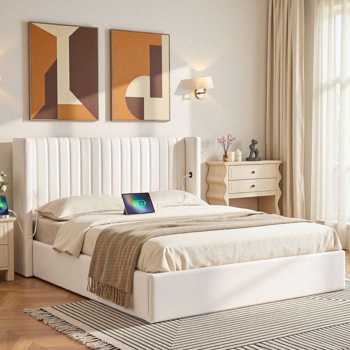Artiss Double Bed Frame with Gaslift Storage Charging Ports White