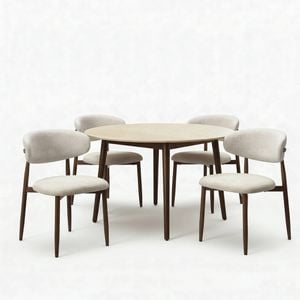 Milo 5pc Dining Set 120cm Round Table Sintered Stone Top Beige Chair Walnut