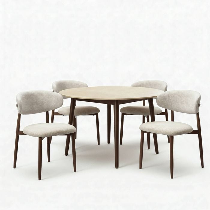 Milo 5pc Dining Set 120cm Round Table Sintered Stone Top Beige Chair Walnut