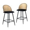 Oikiture 2x Bar Stools Rattan Back Velvet Fabric Black