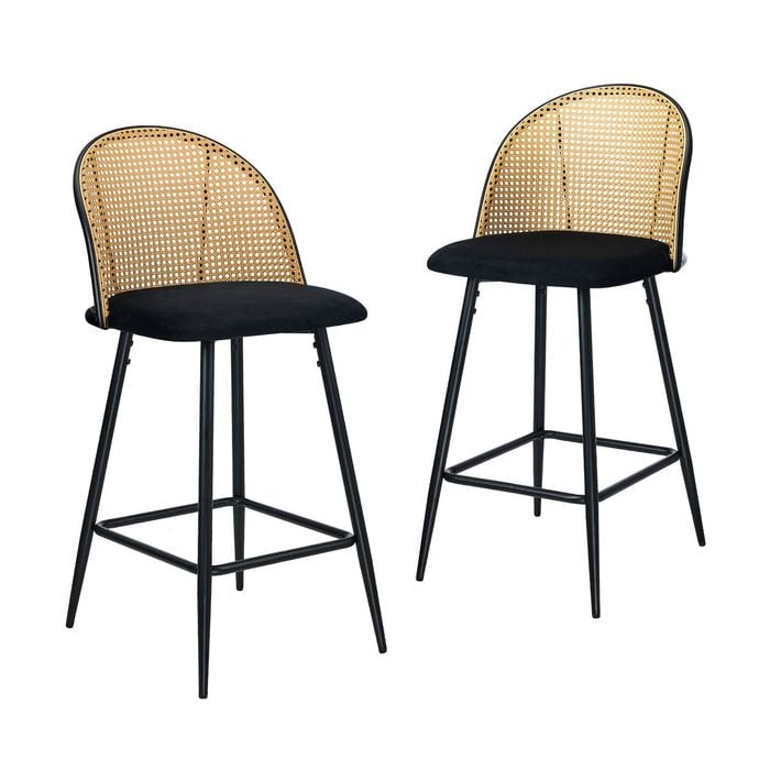 Oikiture 2x Bar Stools Rattan Back Velvet Fabric Black