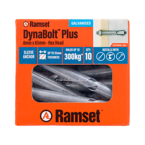 Ramset 8 x 65mm Galvanised DynaBolt Plus Hex Nut Bolt