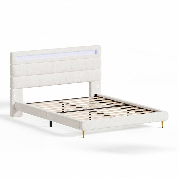 Ufurniture Teddy Fleece Queen Cloud Bed Frame with LED Lights & Dual Charging Ports Upholstered White