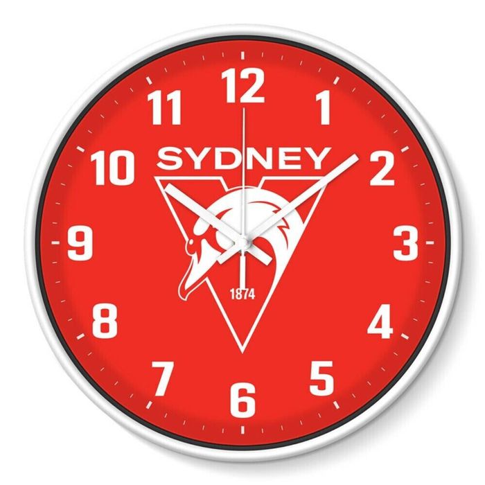 AFL Wall Clock - Sydney Swans - Plastic - 30cm Diameter - Team Logo