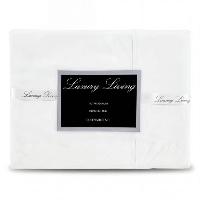 750 Thread Count Pure Cotton Queen Bed Sheet Set 4 Piece Gift Pack - White
