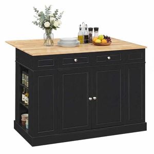 Costway Kitchen Island Table 2-door Storage Cabinet Wood Countertop Black